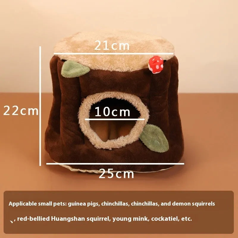 Brown cloth hanging winter stump nest for rabbits, shown in a small animal cage.
