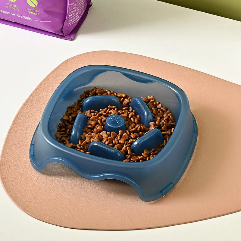 Blue anti-choking slow feeder plastic dog bowl for puppies and dogs
