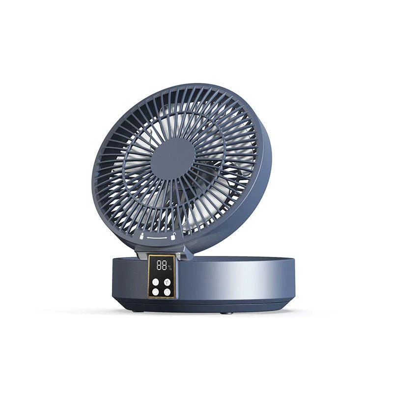 Rechargeable USB desk and wall-mounted fan with folding design, adjustable wind speeds, and warm ambient nightlight