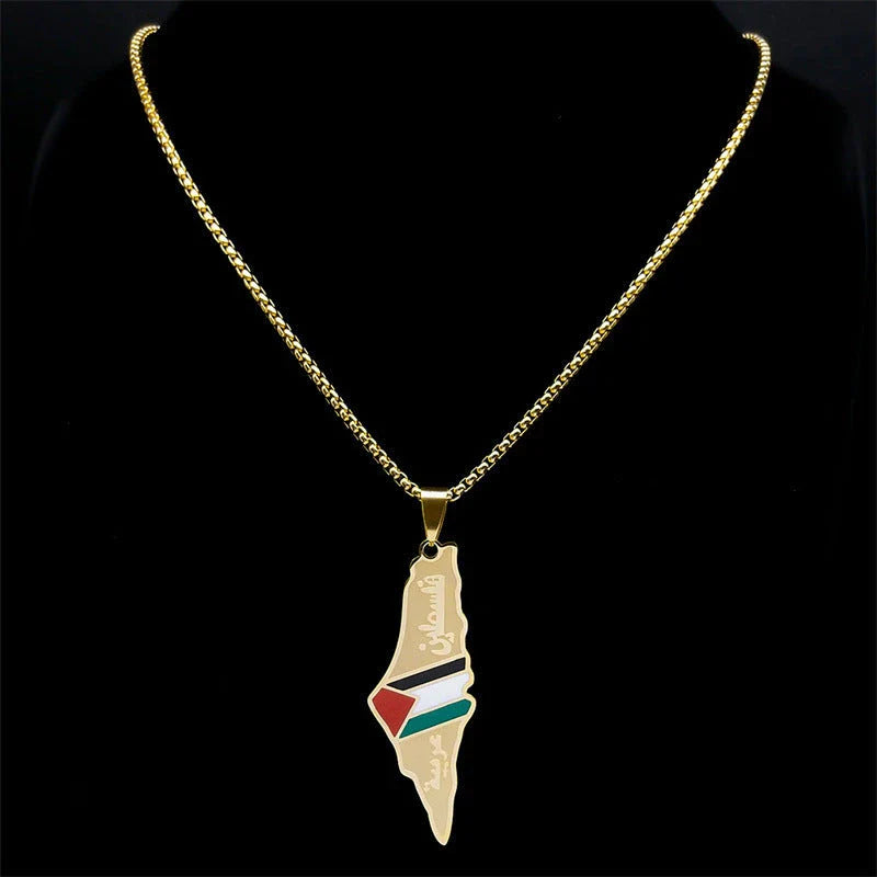 Stainless steel pendant necklaces featuring detailed maps of Israel and Palestine in vibrant colors
