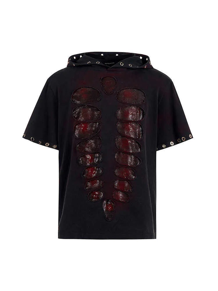 Black men's hooded short-sleeved T-shirt covered in shimmering sequins with a loose fit.