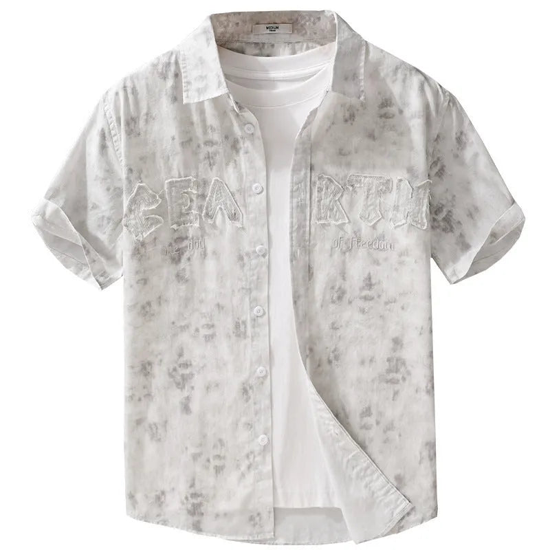 Men's grey white pure cotton short sleeve cardigan with a loose fit and printed pattern.