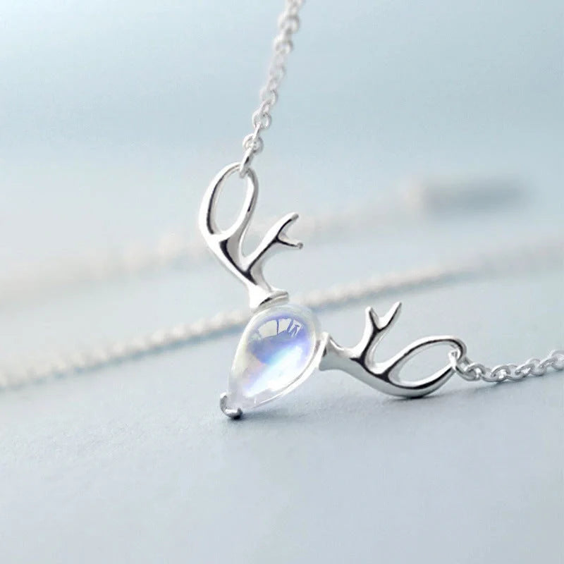 S925 Sterling Silver Elk Necklace with glowing Moonstone Pendant, Korean style jewelry