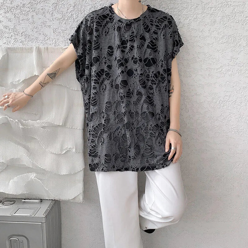 Black sleeveless vest with distressed hole detailing and wide shoulder loose fit