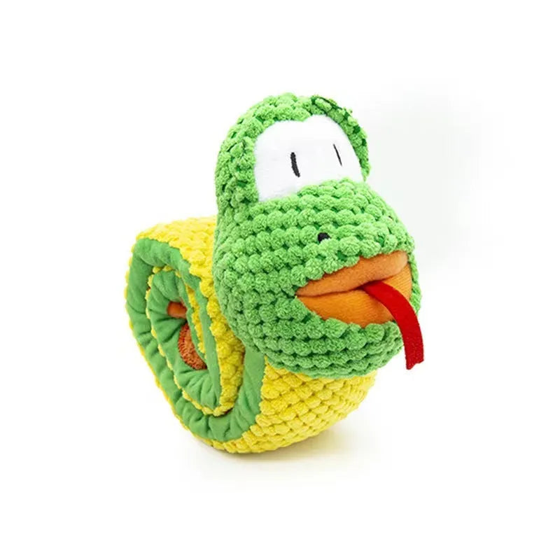 Squeak dog toy in snail or stick shape with hidden food holes for foraging training, measuring 7.5 cm by 7.2 cm
