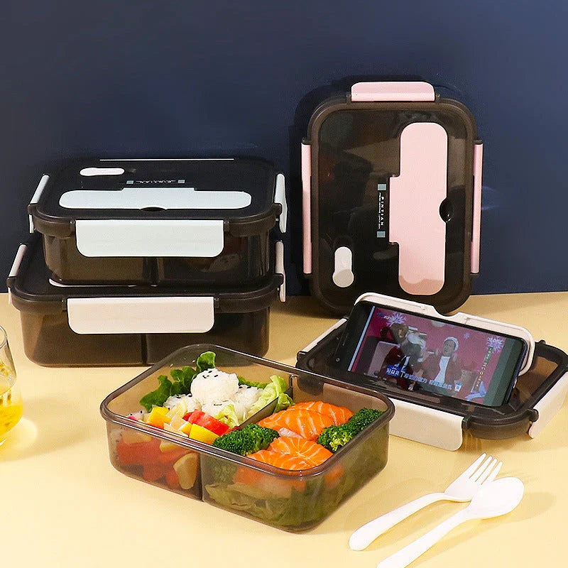 Versatile bento-style lunch box with multi-compartment design, flexible locking system, and included utensils for on-the-go meals