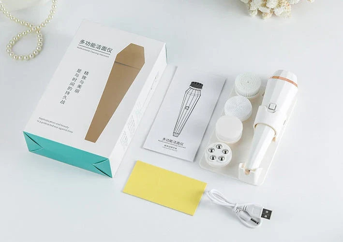 Rechargeable electric facial cleansing brush with 4 interchangeable brush heads for deep cleaning and revitalizing the skin