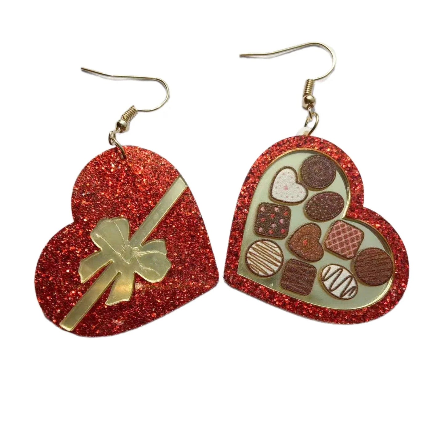 Romantic red heart-shaped earrings with an ice cream-inspired design in water-pattern or sequin finishes