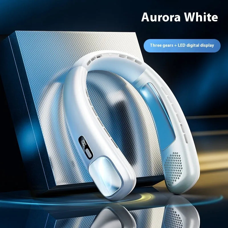 USB rechargeable neck fan in Pearl White or Glacier Blue with three speed settings and quiet under 36dB operation.