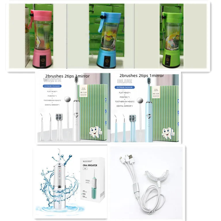 Portable USB rechargeable blender with pink colour option showing cup and six-blade design