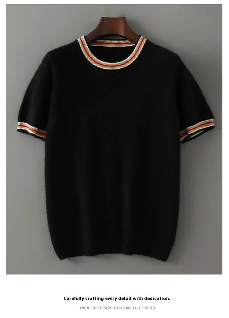 Men's round neck pure wool short sleeve sweater in grey showing 50cm length and regular sleeve design