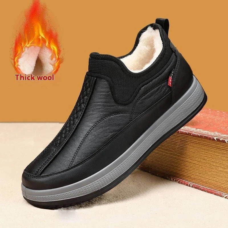 Cozy winter snow boots with fleece lining, round toe, and non-slip platform sole in black and grey colors