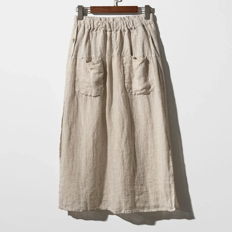 Elegant linen wide-leg culottes with double pockets in hemp and black colors