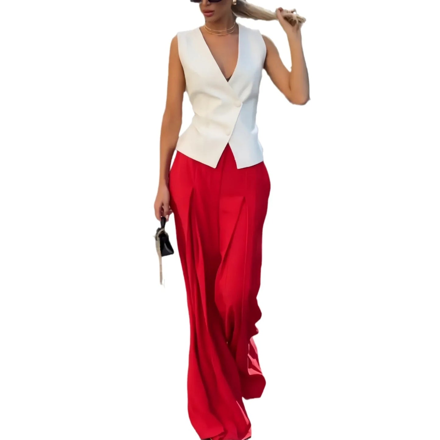 Beige women's two-piece set with sleeveless V-neck top and high-waist wide-leg trousers on a hanger.