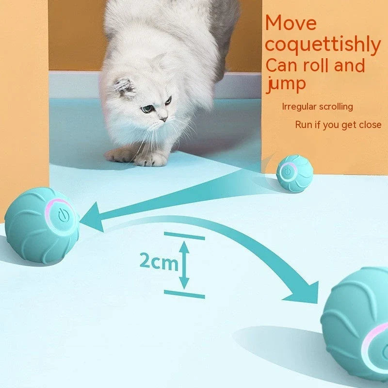 Automatic self-rolling interactive cat toy ball in blue, red, and pink colors with USB charging and bouncing action to engage cats