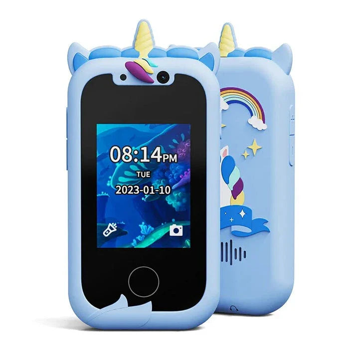 Interactive touchscreen kids' smart camera phone with MP3 player in a blue silicone case, featuring dual cameras, educational apps, and creative tools