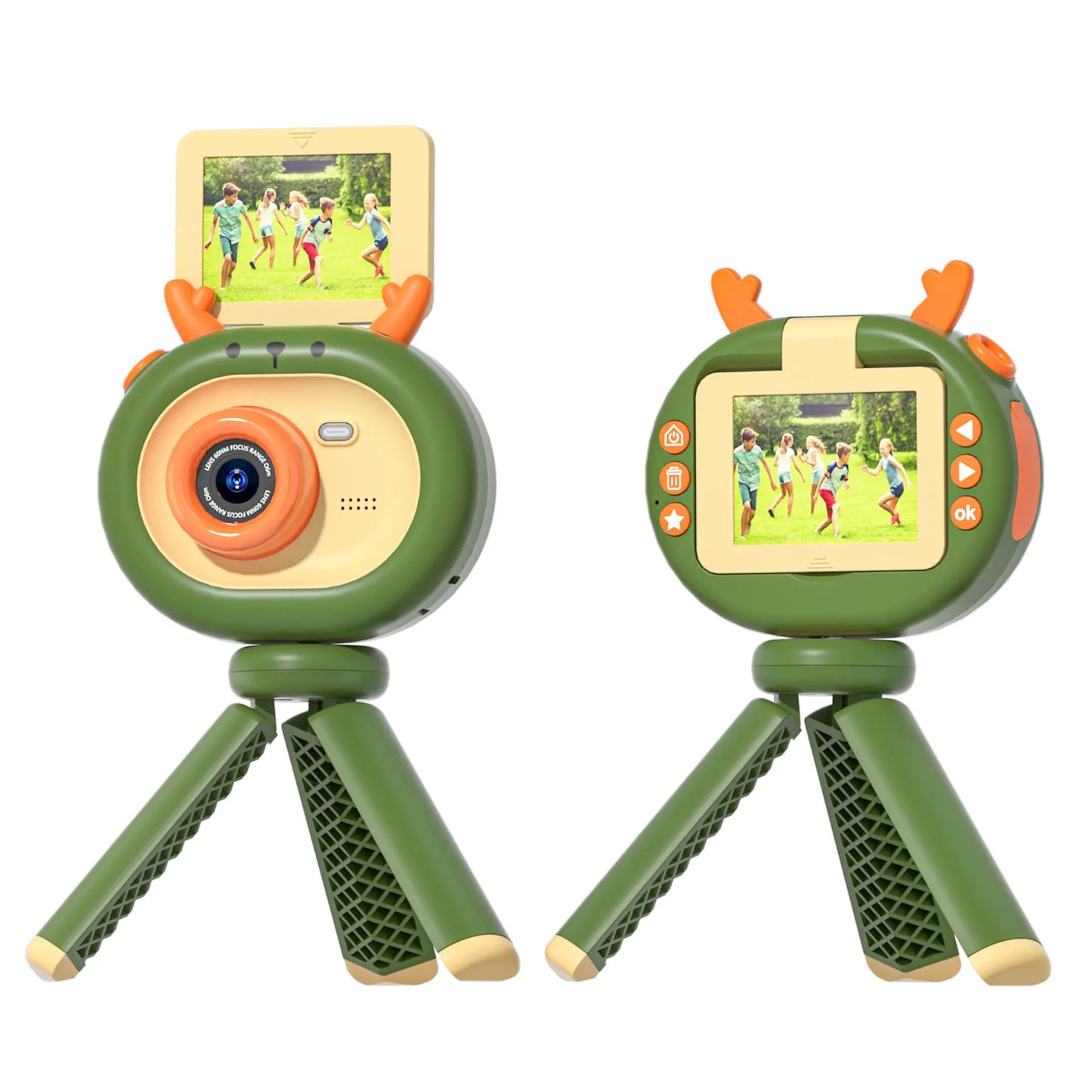 Violet children's flip-screen camera with 9.8cm compact design and USB charging port