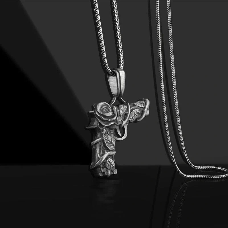 Men's black titanium steel gun and rose pendant necklace with square pearl chain