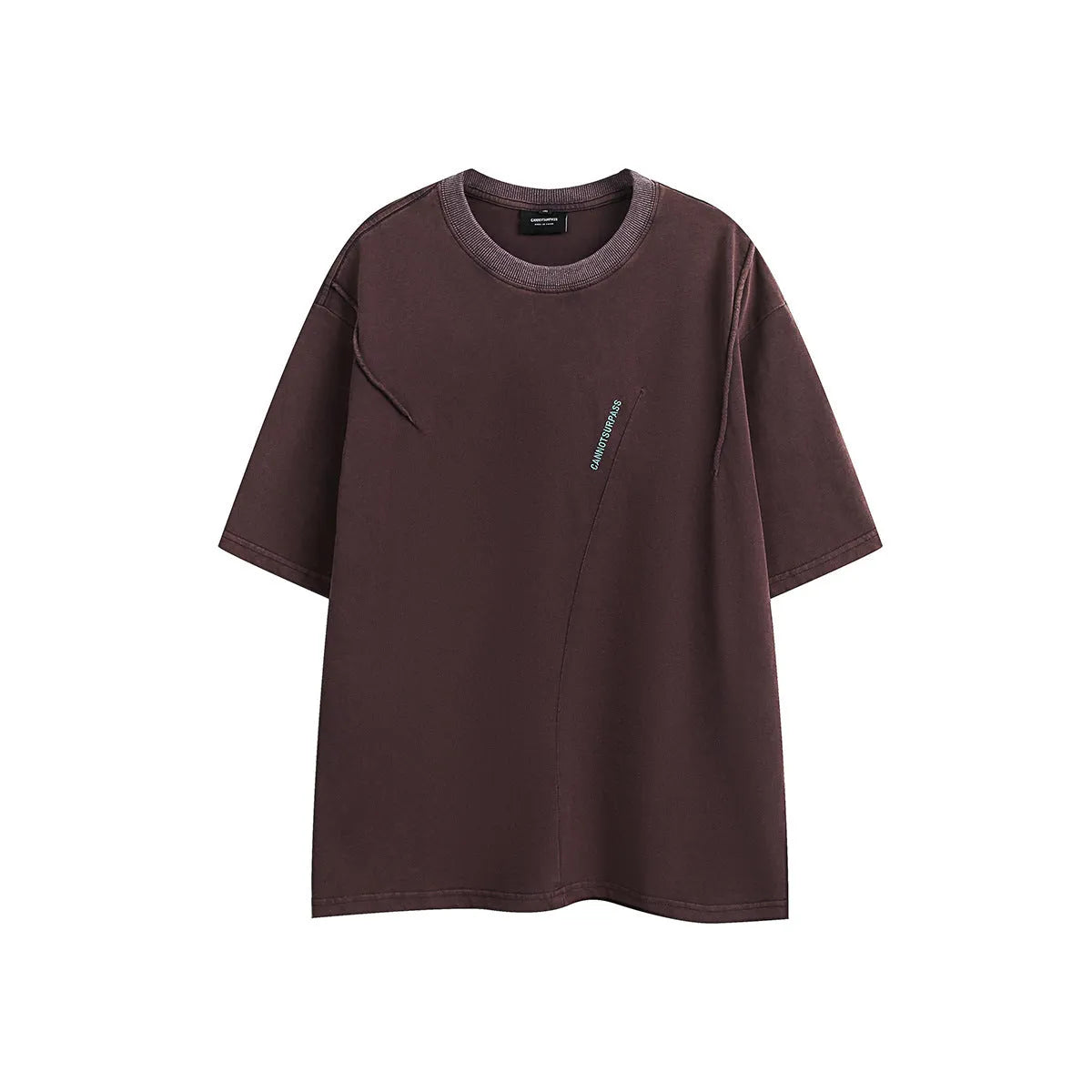 Purple washed cotton T-shirt with embroidery, loose fit, shown on a hanger.