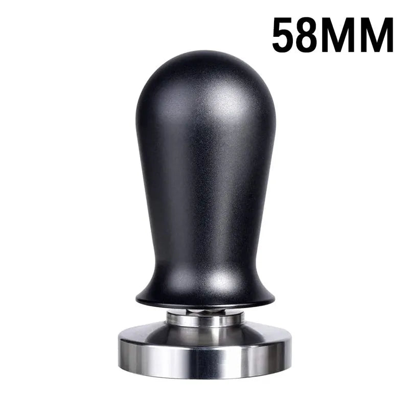 Stainless steel coffee tamper with silicone distribution pad in black or red, showing aluminium handle.