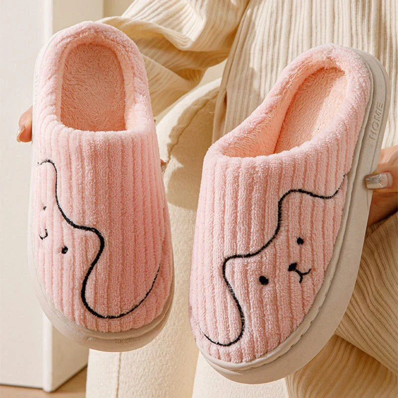 Cozy cat-themed indoor slippers with plush upper, rubber non-slip sole, and vibrant color options