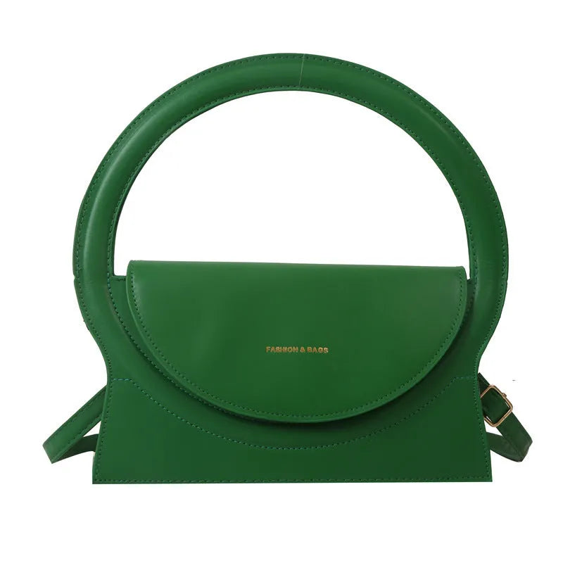 Simple square messenger bag in PU leather with a shoulder strap, shown in various colours.