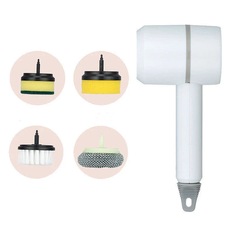 Cordless electric scrub brush with interchangeable brush heads for cleaning kitchens, bathrooms, tiles, and more