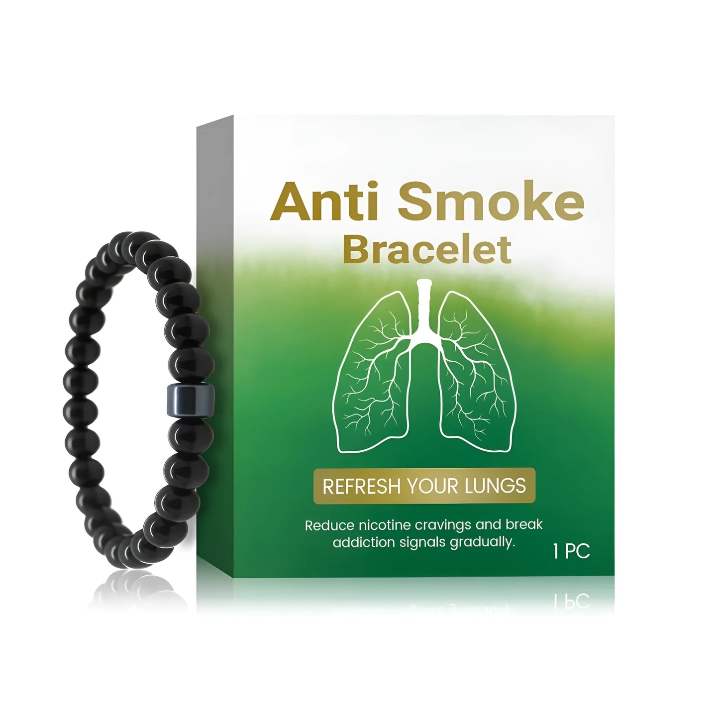 Men's smoke prevention bracelet with alternating glass and black gallstone beads on wrist