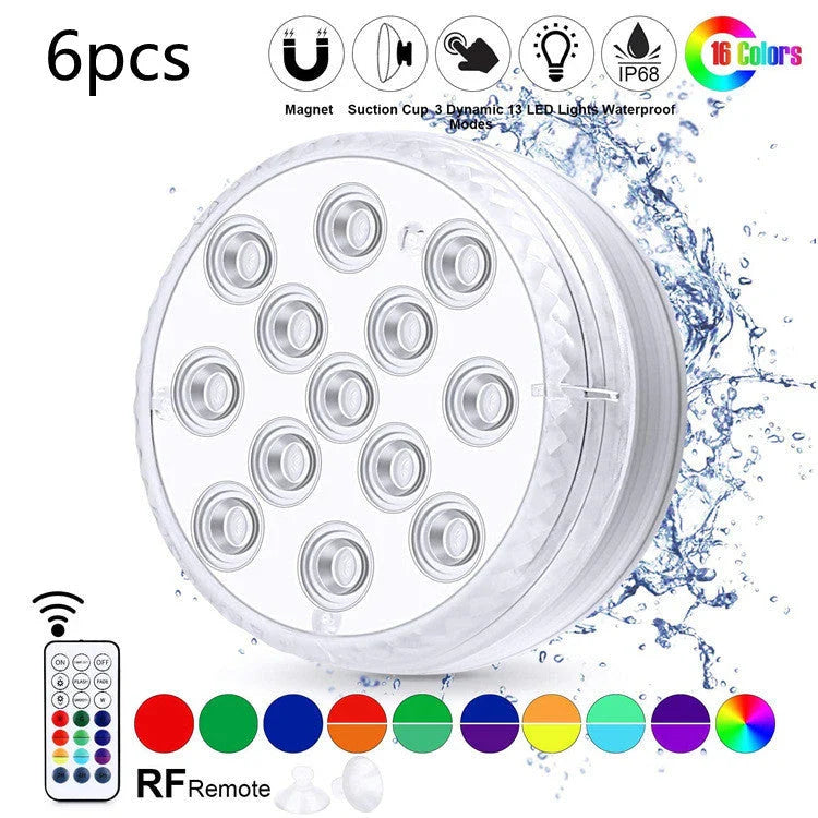 Radiant Underwater LED Lights in various aquatic settings, including pools, fountains, and spas