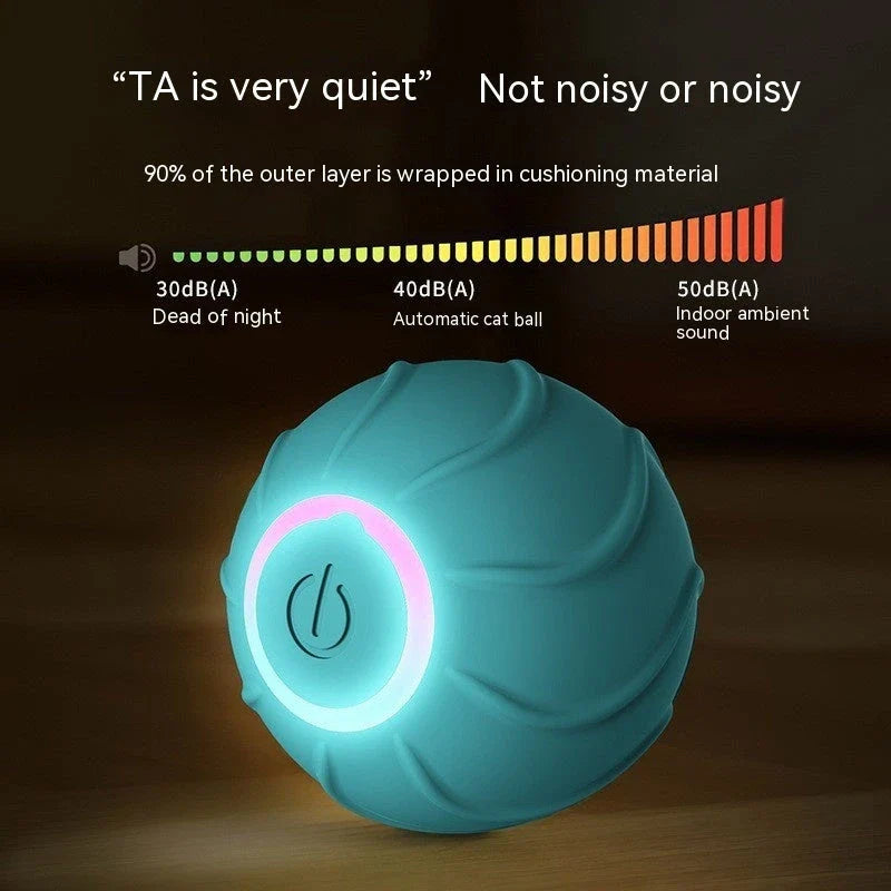 Automatic self-rolling interactive cat toy ball in blue, red, and pink colors with USB charging and bouncing action to engage cats