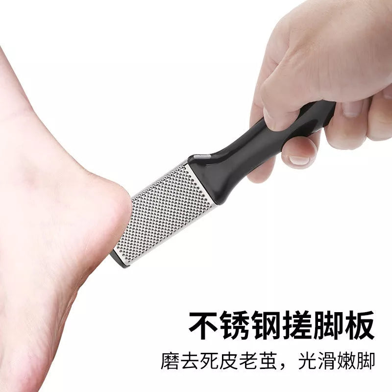 Pedicure tool set for dead skin removal and foot care, includes foot planer, scrubber, and more