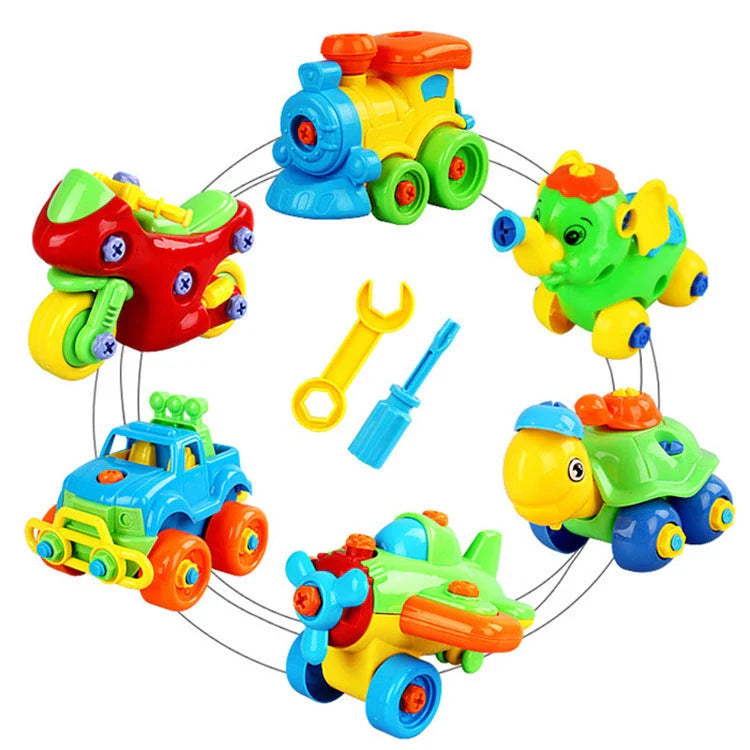 Hands-on STEM toy with various vehicle model components that can be disassembled and reassembled