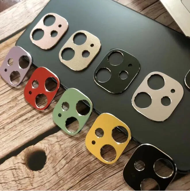 Metal lens protection ring for iPhone 11 and 11 Pro back cover, shown in multiple colour options.