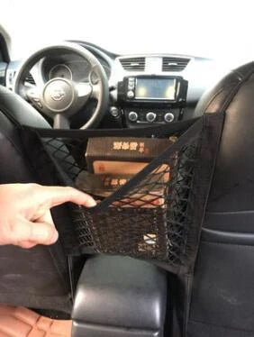 Expandable car seat organizer made of stretchy polyester mesh, with safety hooks for easy installation between driver and passenger seats