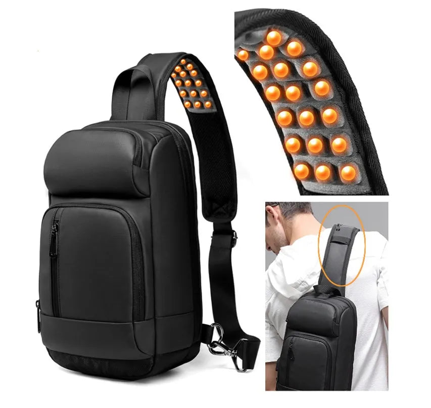 Black outdoor leisure shoulder bag with air cushion strap and multiple internal compartments