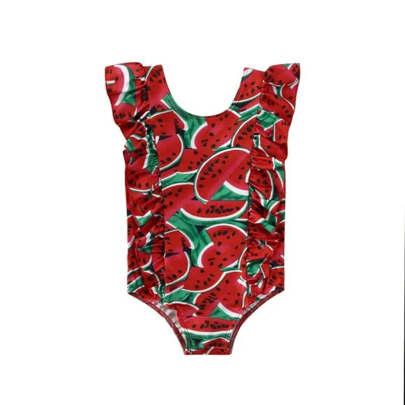 Printed sleeve one-piece girls swimsuit in Red or Yellow, Polyester, sizes 80-120cm