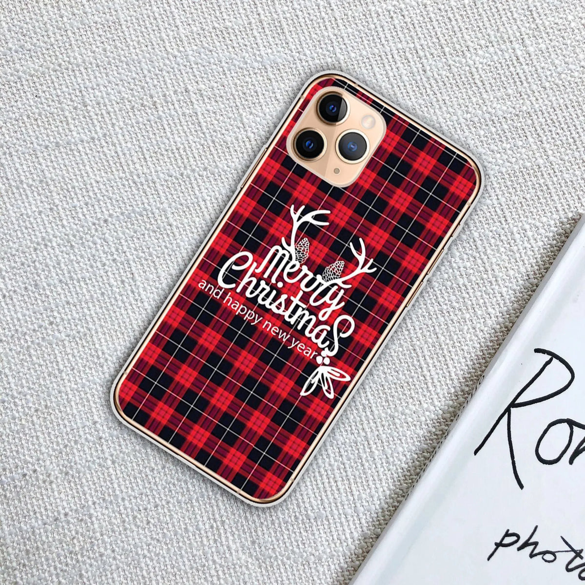 Christmas transparent phone case with festive design for iPhone models, available in eight styles.
