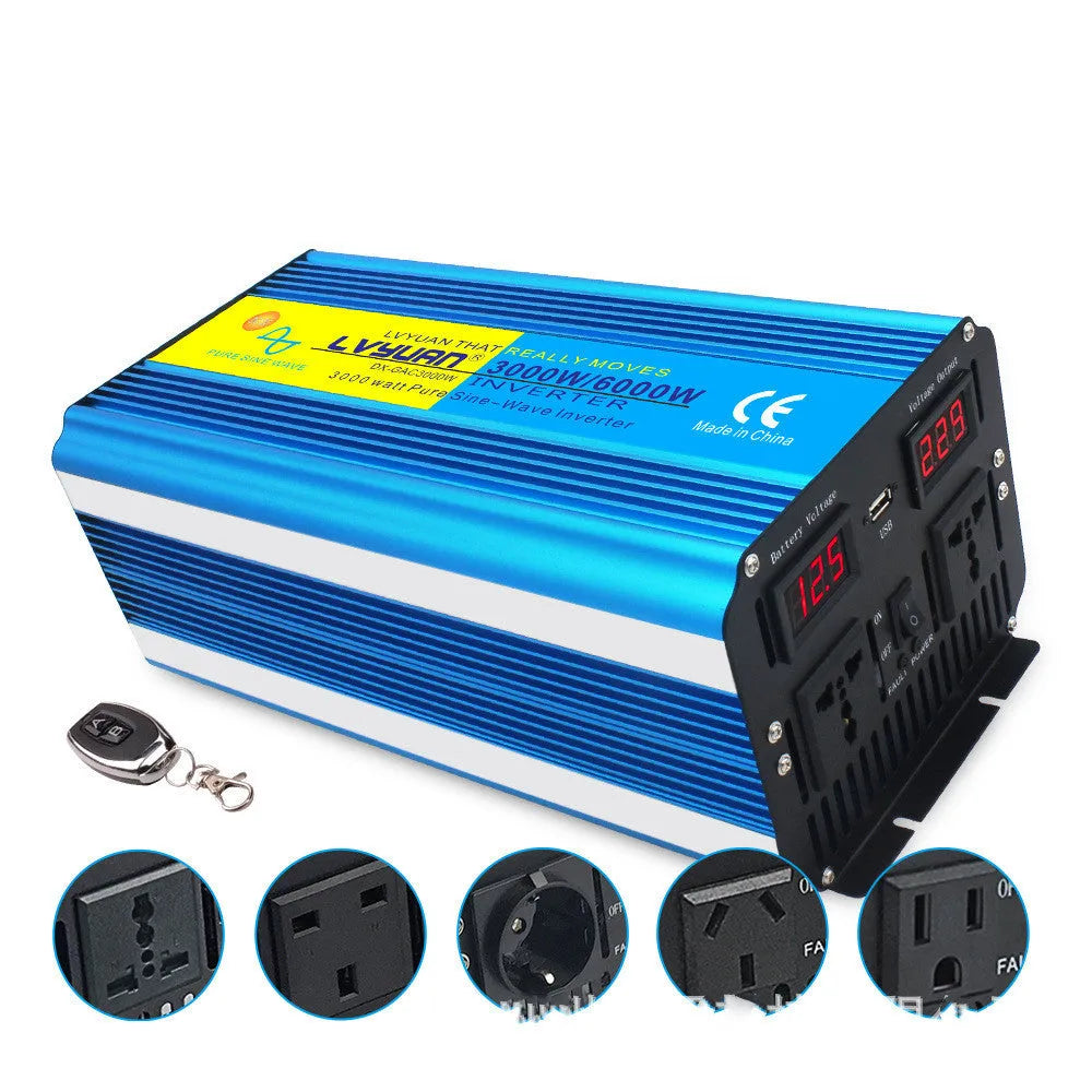 Blue 3000W pure sine wave power inverter with digital display and UK three-pin socket