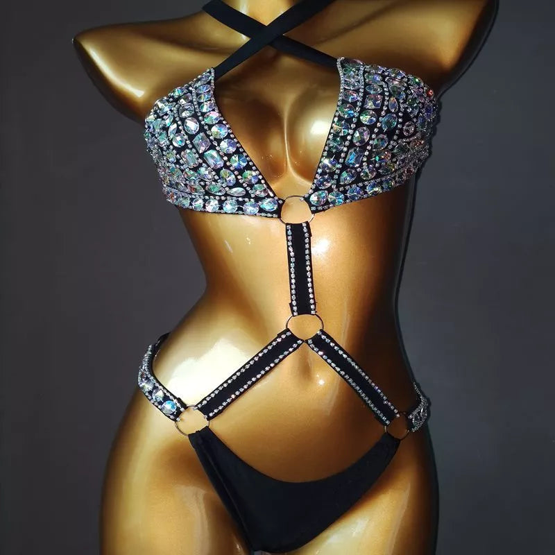 Diamond chain bikini in nylon, available in pink, white, black, sizes S, M, L