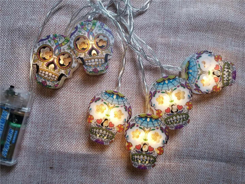Halloween Skull LED Light Strings with warm white illumination and a spooky, haunting atmosphere