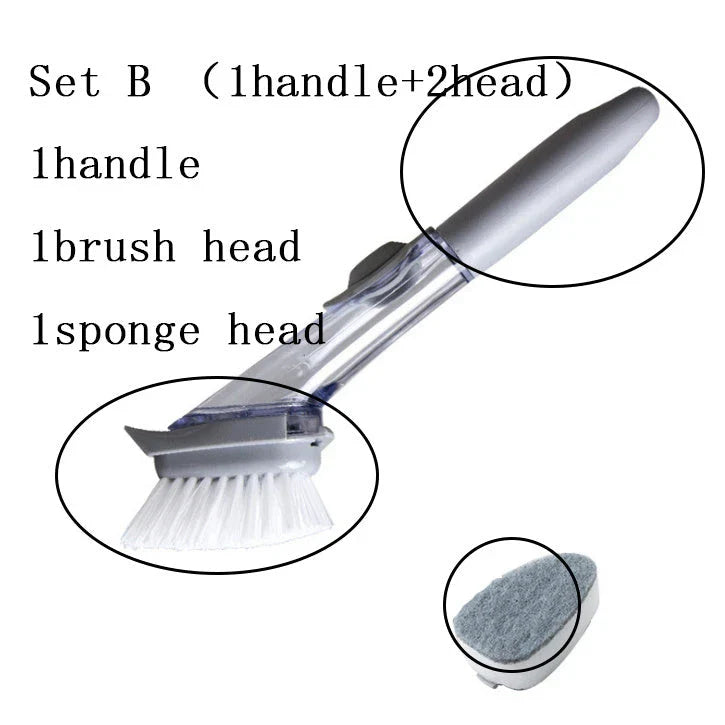Long-handled kitchen cleaning brush with removable head, designed for efficient and hygienic scrubbing of dishes, bowls, and surfaces.