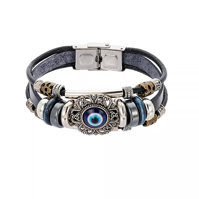 Braided leather cord brown eye bracelet with alloy charm