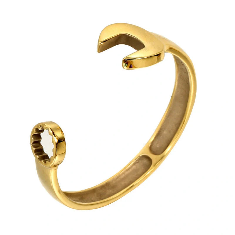 Sleek stainless steel personalized wrench bracelet with adjustable clasp, showcasing industrial-chic style