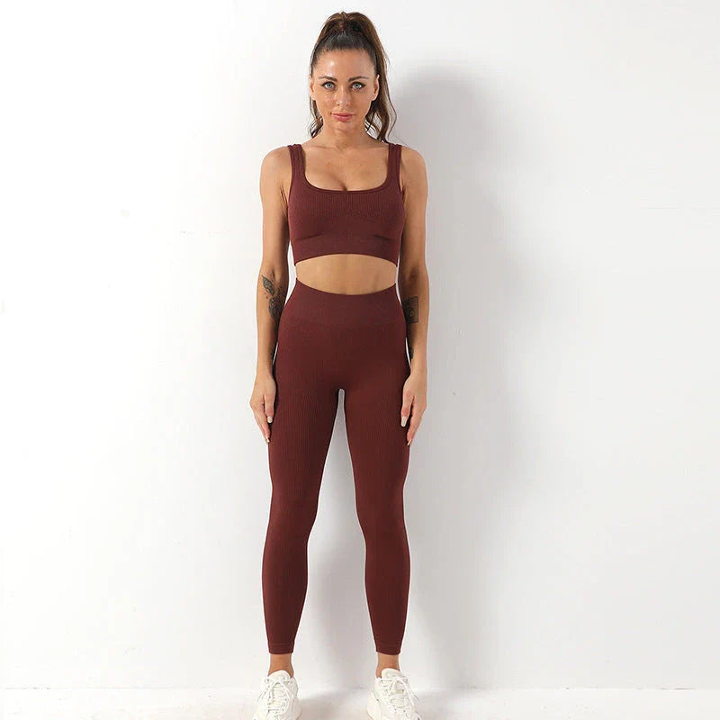Seamless yoga set with high-waist leggings and supportive sports bra for women's fitness and activewear