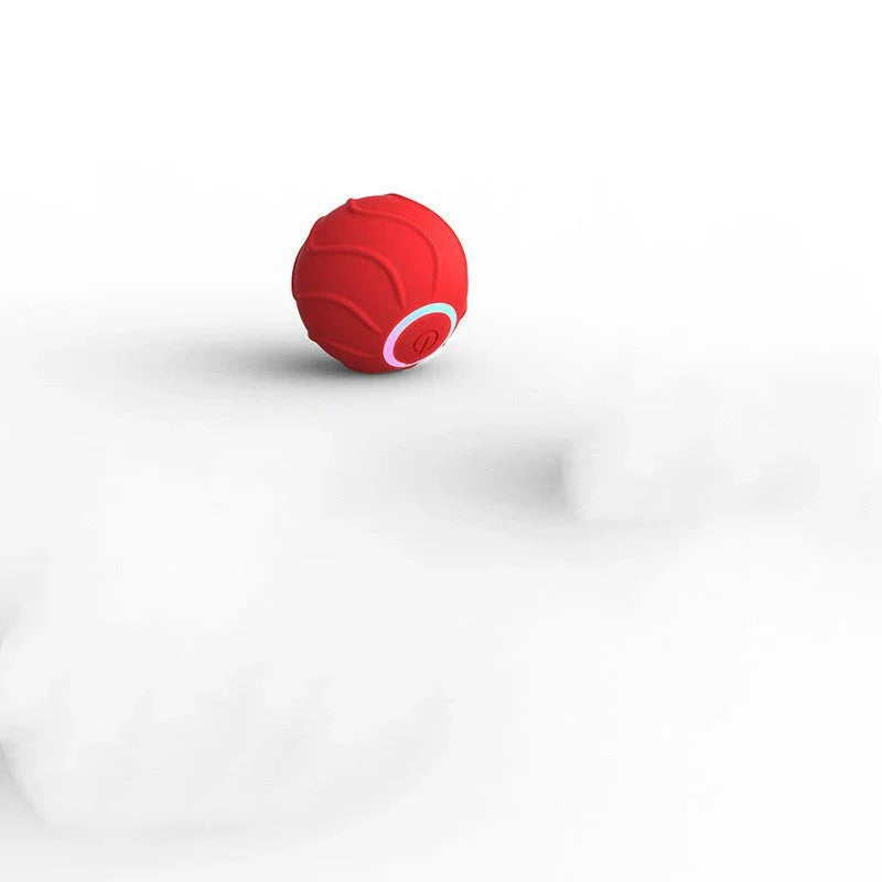 Automatic self-rolling interactive cat toy ball in blue, red, and pink colors with USB charging and bouncing action to engage cats