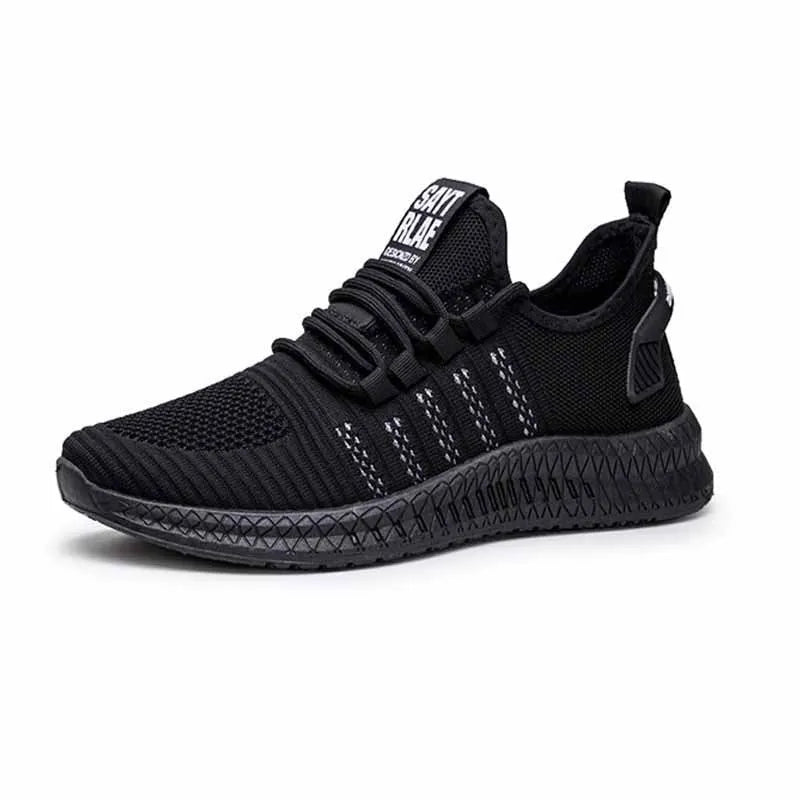 Men's black casual sports shoes with cross-strap detail on a Flying Weave upper and a flat, wear-resistant sole.