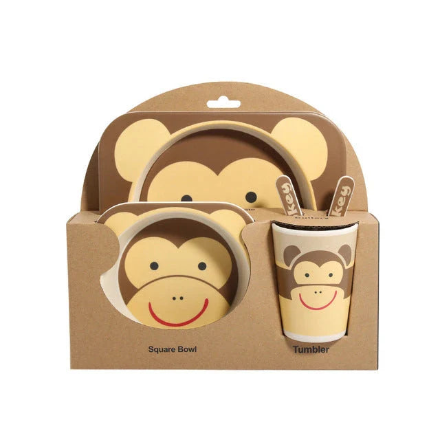 5-piece eco-friendly bamboo fiber children's tableware set with animal designs, including plate, bowl, cup, fork, and spoon