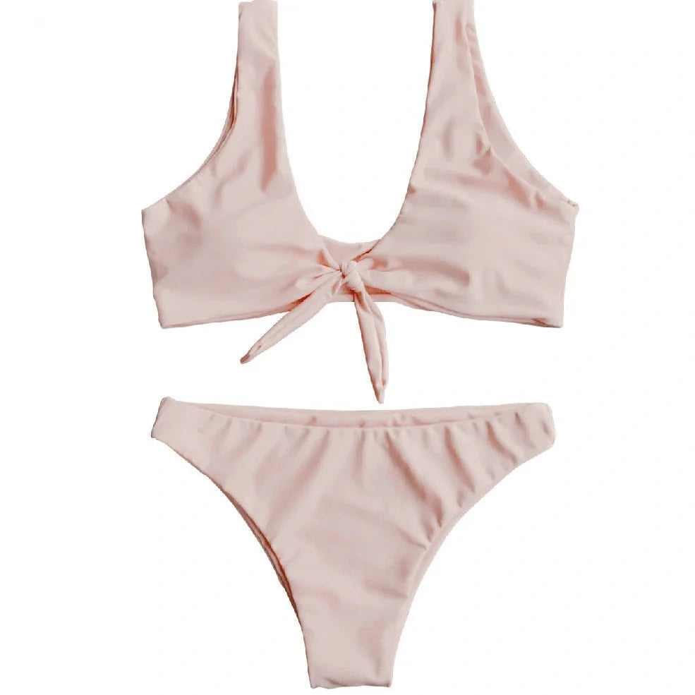 Women's solid colour polyester bikini set for swimming with European styling