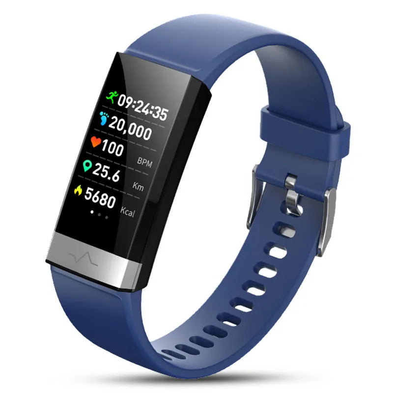 V19 smart health tracker in black on a wrist, showing colour display with heart rate and SpO2 data.