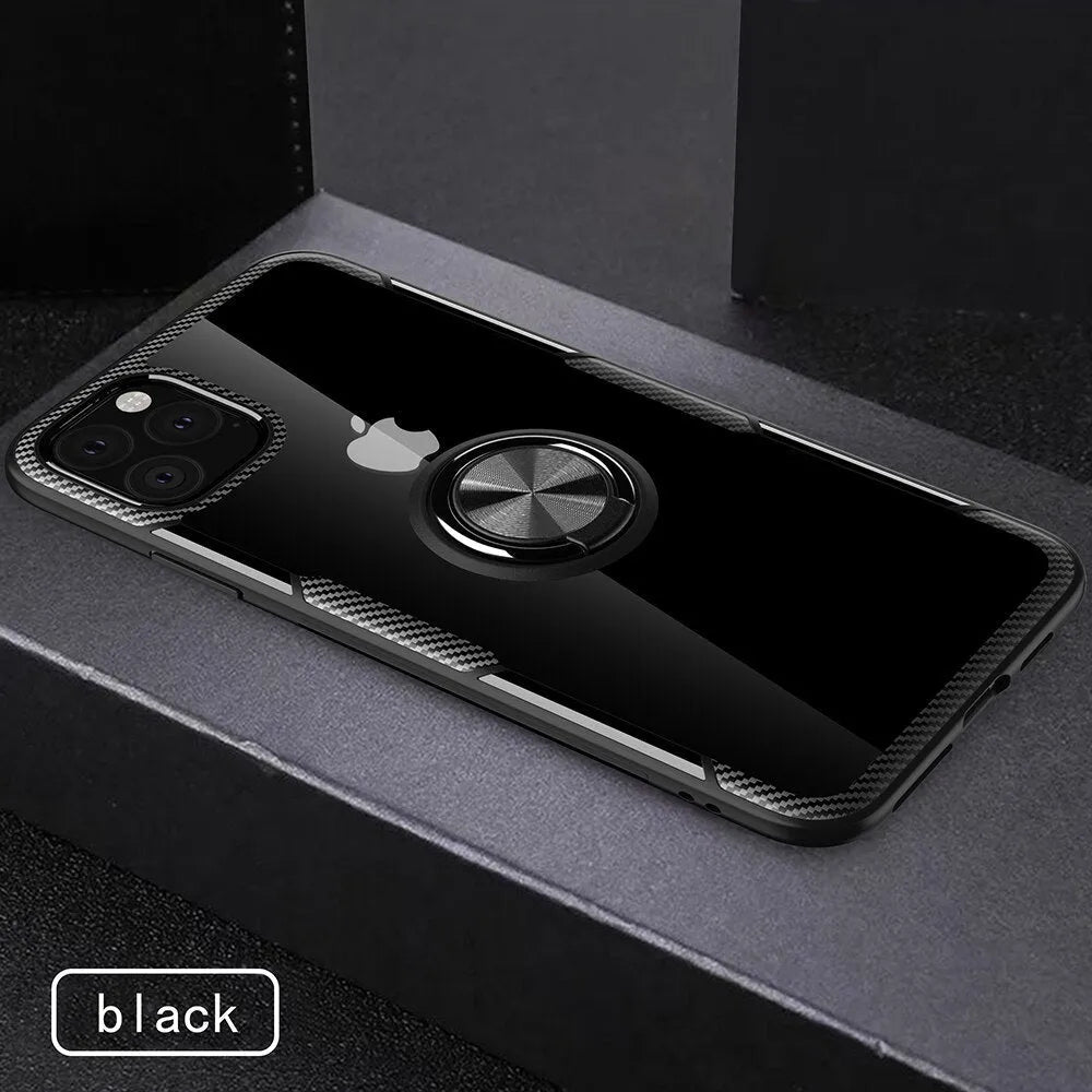 iPhone 11 Pro Max case with car holder arm in navy blue, showing PU material and button access.